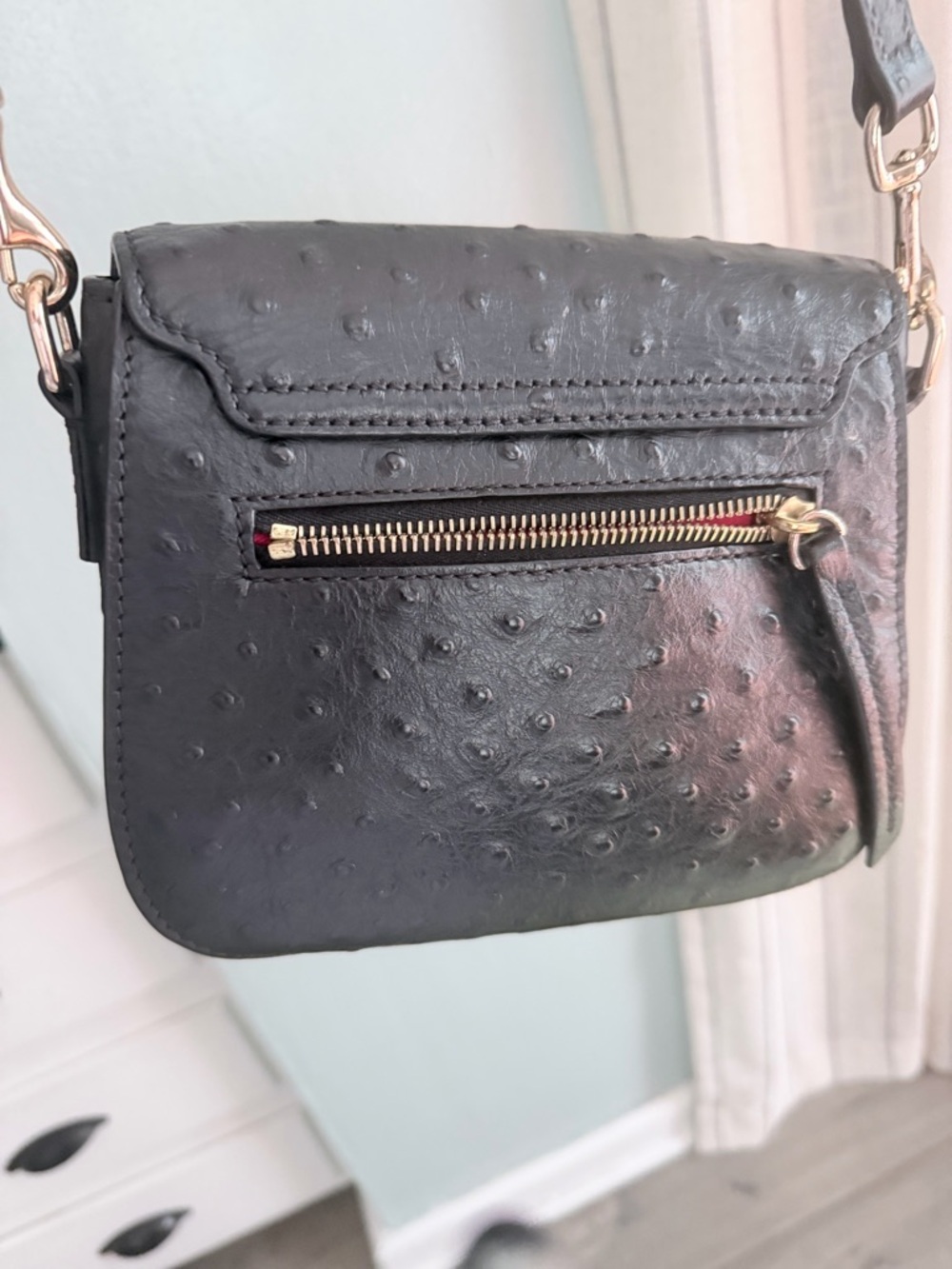 Dooney & Bourke Black Ostrich-Embossed Flap Crossbody with Gold Hardware - Picture 3 of 7